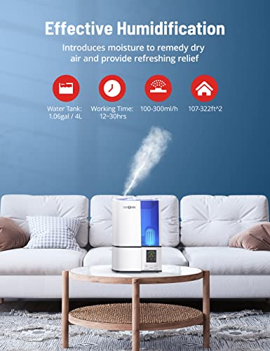 Humidifiers for Bedroom, Upgrade 4L Cool Mist Humidifiers with Humidistat, PARIS RHÔNE Smart Vaporizer humidifier for Home Large Room, LED Display, Quiet Operation, Sleep Mode, 24H Timer, Night Light