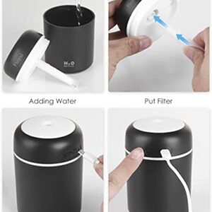 Portable Mini Humidifier, Fioyal RGB Light Small Humidifiers for Bedroom, Car, Desktop, 2 Cool Mist Modes, Quiet(300ML, Black)