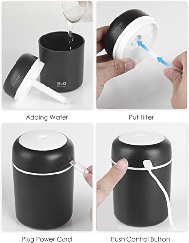 Portable Mini Humidifier, Fioyal RGB Light Small Humidifiers for Bedroom, Car, Desktop, 2 Cool Mist Modes, Quiet(300ML, Black)