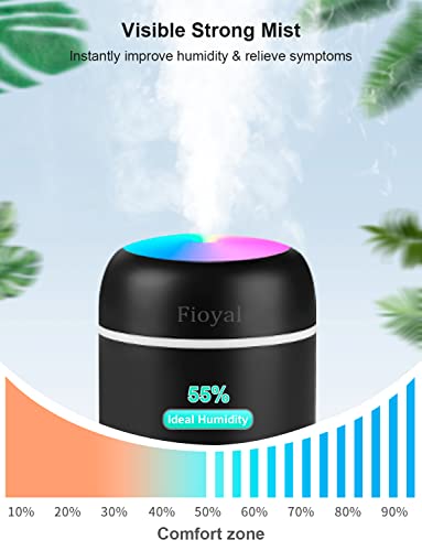 Portable Mini Humidifier, Fioyal RGB Light Small Humidifiers for Bedroom, Car, Desktop, 2 Cool Mist Modes, Quiet(300ML, Black)