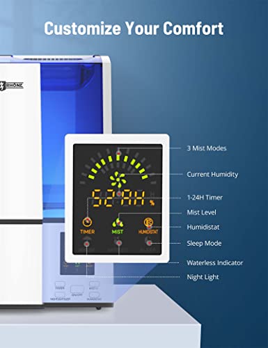 Humidifiers for Bedroom, Upgrade 4L Cool Mist Humidifiers with Humidistat, PARIS RHÔNE Smart Vaporizer humidifier for Home Large Room, LED Display, Quiet Operation, Sleep Mode, 24H Timer, Night Light