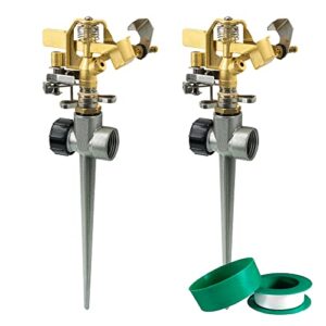 hourleey 2 pack brass impact lawn sprinklers for yard, heavy duty adjustable pulsating water sprinkler head with aluminum alloy spike base for large area patio garden