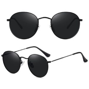 MEETSUN Small Round Polarized Sunglasses for Women Men Classic Retro Metal Frame Sun Glasses UV400 All Black