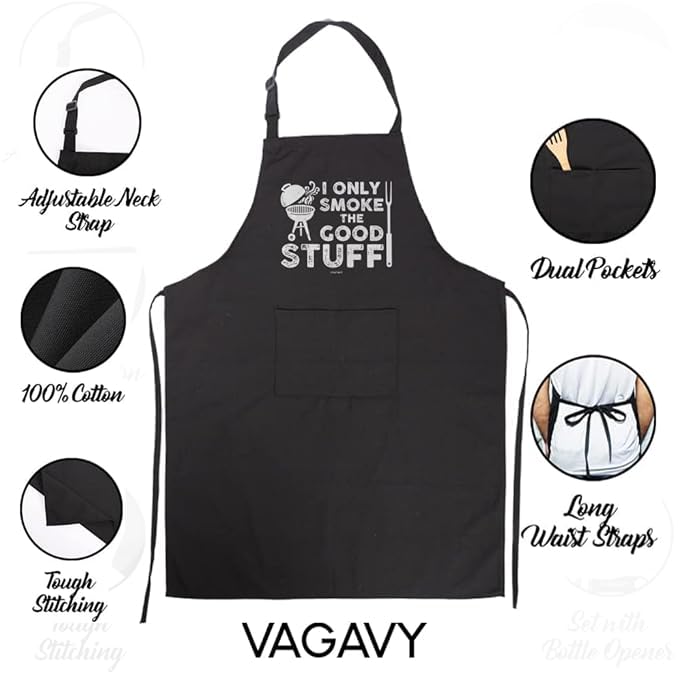 VAGAVY - Funny I Only Smoke The Good Stuff Men Apron with Pockets - Black Aprons for Men, Dad, Husband - Birthday, Father’s Day Grilling Gifts for Papa, Husband…