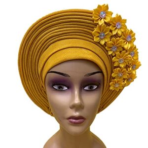 african head wraps fashion headbands stones aso oke auto gele headtie already made women's hats & caps for wedding party. (yellow)