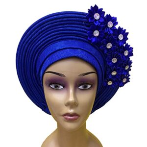 QliHut Fashion Nigerian Gele Headties With Stones Women Head Wrap Beaded Lace Already Made Auto African Headtie For Party (Royal Blue)