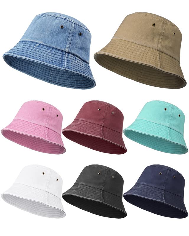 Geyoga 8 Pack Cotton Bucket Hat Foldable Packable Fishing Hat Beach Cap for Kids Teen Girls Women Men (Elegant Colors)