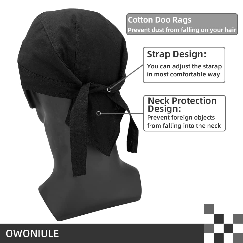 Cotton Doo Rag Pirate Hat Black Breathable Skull Caps Head Wraps Helmet Liner Beanie Dew Rag Hat for Men and Women (Black)