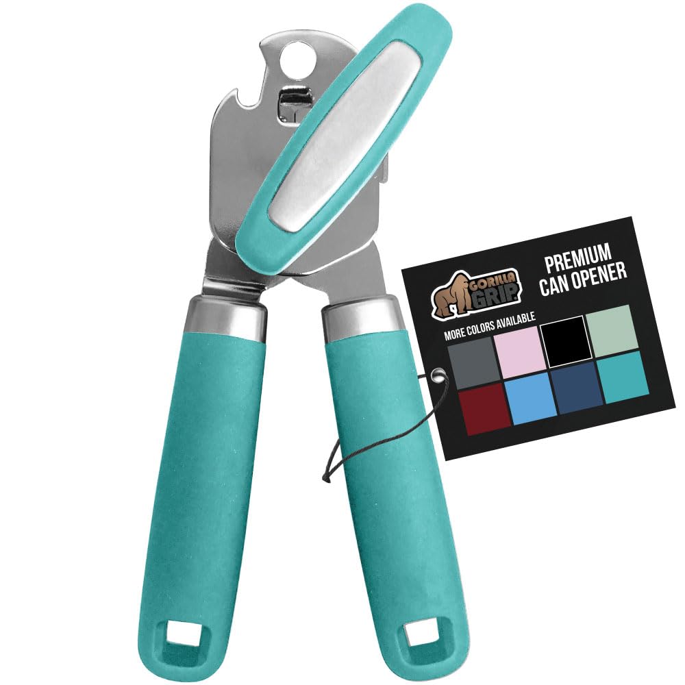 The Original Gorilla Grip Heavy Duty Stainless Steel Smooth Edge Manual Can Opener and Bottle Openers, Soft Handle Rust Proof Oversized Handheld Easy Turn Knob, Multifunctional Kitchen Tool, Turquoise