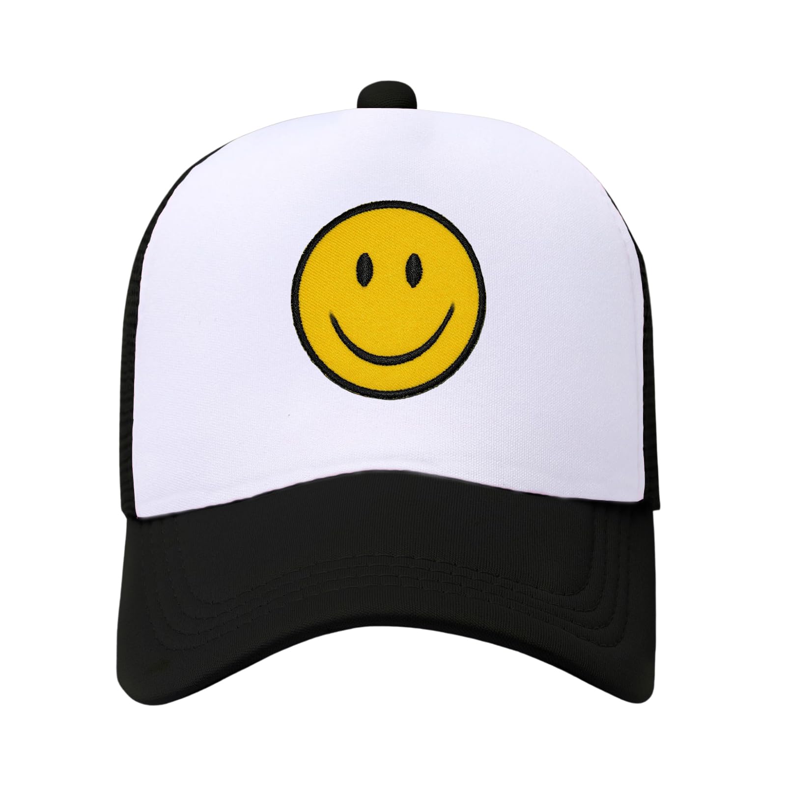 lycycse Smile Face Trucker Hat Retro Mesh Baseball Cap with Smile Patch Foam Neon High Crown Y2K Hats for Men Women (Black)