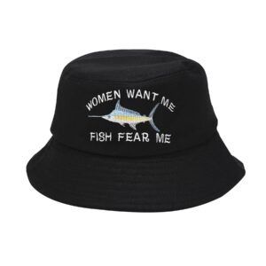 enodtter women want me fish fear me embroidered bucket hat, black embroidery beach sun hat summer travel fisherman cap