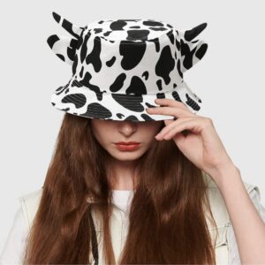 Cow Print Bucket Hat Beach Sun Hat Fishing Hat for Women Men Summer Sun Protection Fisherman Hat with Horns Ears