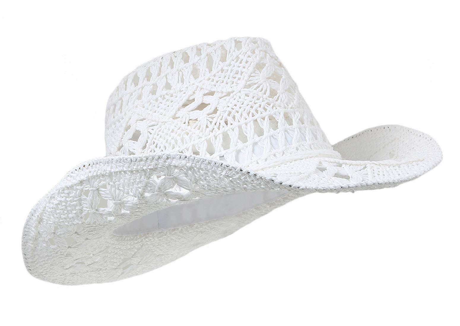 EOZY Men & Women's Summer Cowboy Cowgirl Straw Hat Hollow Out Woven Roll Up Wide Brim Hat/White