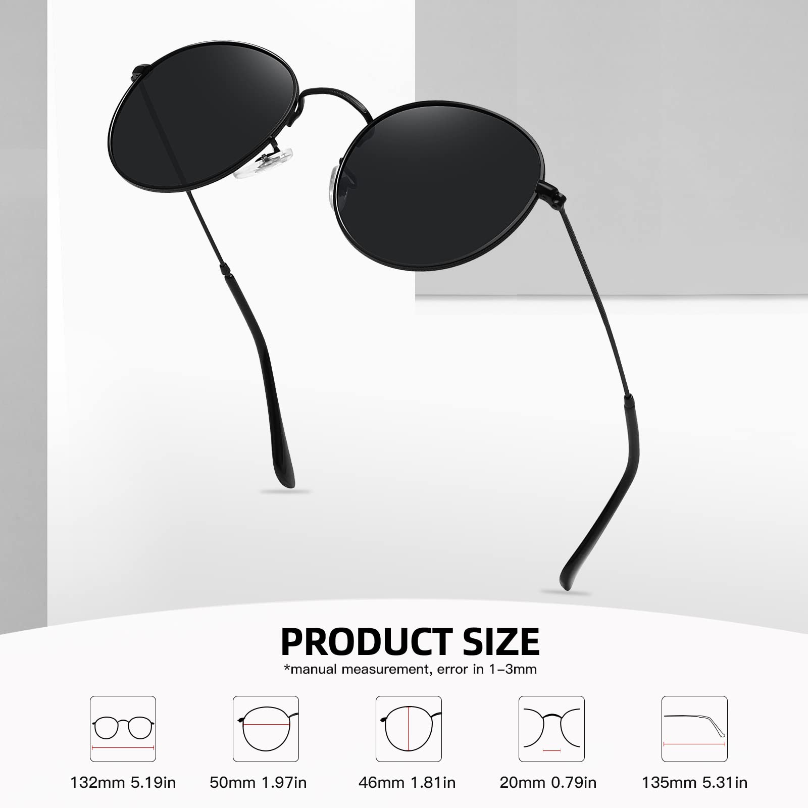 MEETSUN Small Round Polarized Sunglasses for Women Men Classic Retro Metal Frame Sun Glasses UV400 All Black