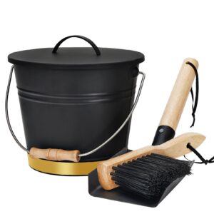 mini ash bucket with lid,shovel & hand broom,galvanized steel metal charcoal container, coal bucket with handle,tool set accessories for fireplace indoor & outdoor, fire pit, wood burning stove.golden