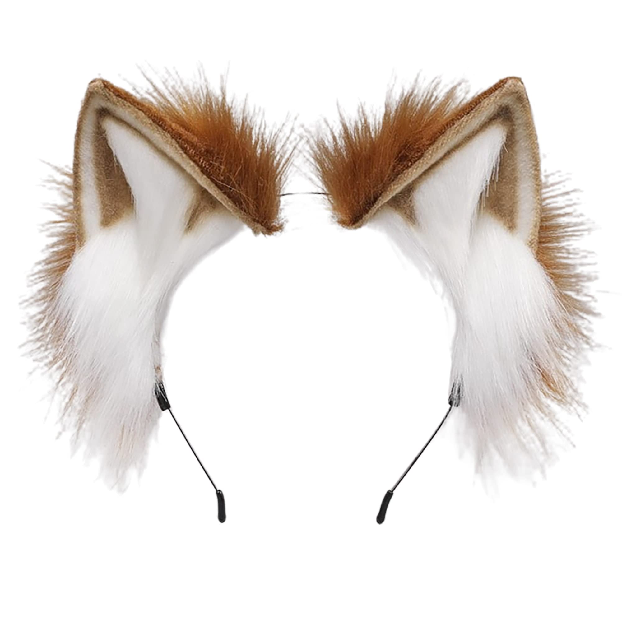 BNLIDES Handmade Fur Fox Wolf Cat Ears Headwear Women Men Cosplay Costume Party Cute Head Accessories for Halloween (Khaki White)