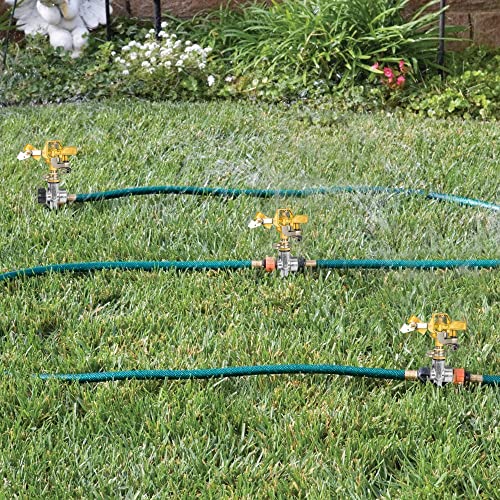 Hourleey 2 Pack Brass Impact Lawn Sprinklers for Yard, Heavy Duty Adjustable Pulsating Water Sprinkler Head with Aluminum Alloy Spike Base for Large Area Patio Garden