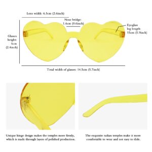 JFTOWN 12 Pairs Heart Shape Rimless Valentines Sunglasses Candy Color Frameless One Piece Love Glasses for Women Party Favor (Yellow)