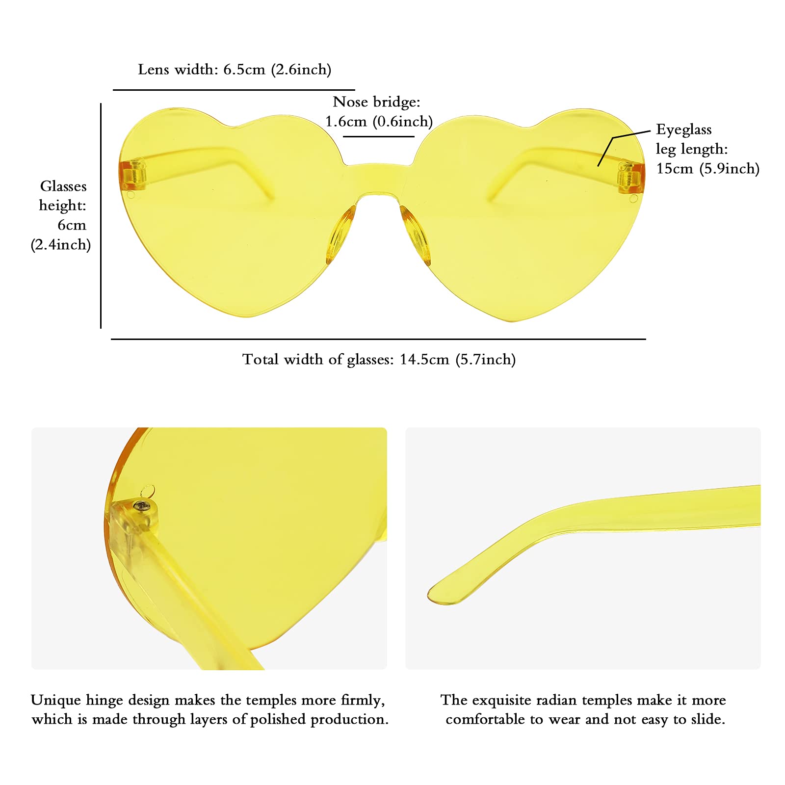 JFTOWN 12 Pairs Heart Shape Rimless Valentines Sunglasses Candy Color Frameless One Piece Love Glasses for Women Party Favor (Yellow)