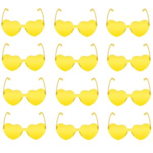 JFTOWN 12 Pairs Heart Shape Rimless Valentines Sunglasses Candy Color Frameless One Piece Love Glasses for Women Party Favor (Yellow)