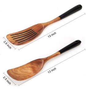 2 Pcs Best Wooden Spatula Set for Cooking Kitchen Slotted Turner Spatula Flat Wood Wok Spatula Non Stick Cooking Utensils for Frying Mixing Teak Fish Spatula Turner Black Egg Flipper Spatulas