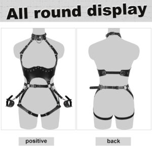 Waist Garter belt Punk Full body harness for women Photography Dance Rock Halloween Leather cage Chest strap set (Black)