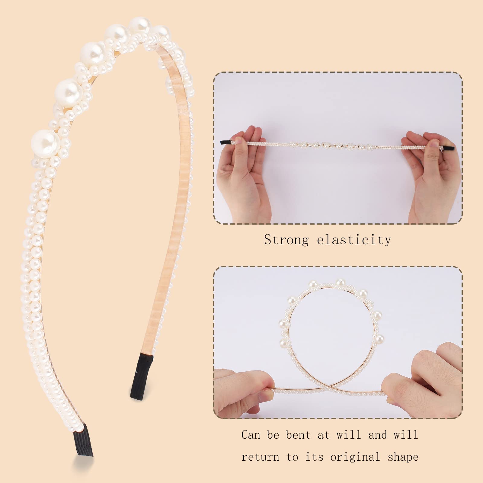 AMCAMI White Pearl Rhinestones Sparkly Beaded Hair Accessories: 6 PCS Headbands, Hair Hoops for Women, Girls - diademas para mujer de moda