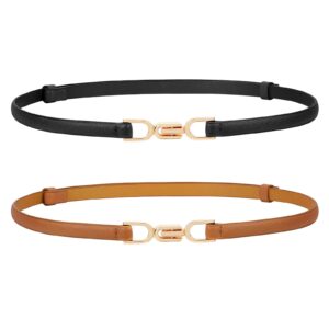 whippy 2 pack women skinny leather belt adjustable thin waist belt fashion buckle belt for dress，black+brown