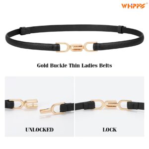 WHIPPY 2 Pack Women Skinny Leather Belt Adjustable Thin Waist Belt Fashion Buckle Belt for Dress，black+brown