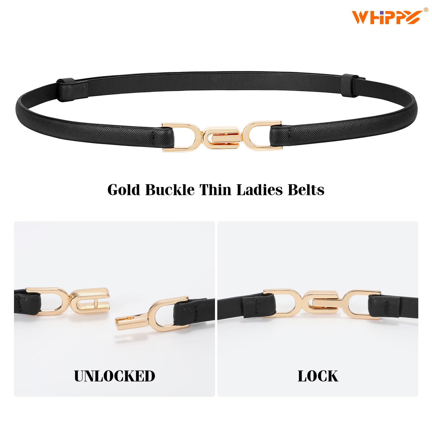 WHIPPY 2 Pack Women Skinny Leather Belt Adjustable Thin Waist Belt Fashion Buckle Belt for Dress，black+brown