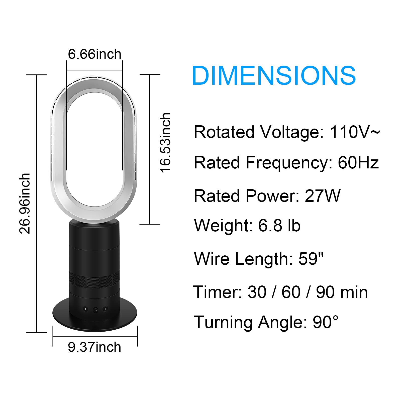 HealSmart 27 Inch Bladeless Tower Fan with Timing Closure and Remote Control, Low Noise Air Circulator Floor Fan for Home and Office Use, Adjustable Speeds & 90° Swivel , Black