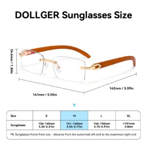 Dollger Rimless Rectangle Sunglasses for Men Women Hip-hop Plastic Imitation Woodgrain Legs Small Square Sunglasses Colorful Fashion Frameless 70s 90s Shades (Imitation Wood-Gold Frames/Clear Lens)