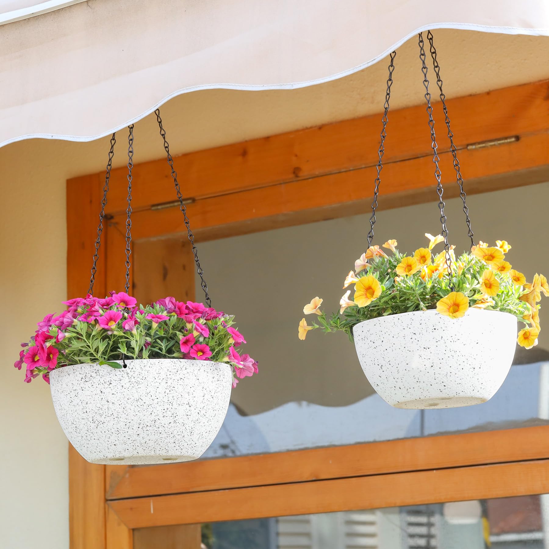 T4U 10 Inch Hanging Planters for Indoor Outdoor Plants - 2 Pack Plastic Hanging Flower Plant Pot with Drainage Hole, Round Hanging Plant Basket for Home Garden Porch Balcony Patio Decor (White)