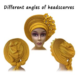 African Head Wraps Fashion Headbands Stones ASO Oke Auto Gele Headtie Already Made Women's Hats & Caps for Wedding Party. (Yellow)