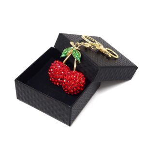 Honbay 1PCS Rhinestone Cherry Keychain Sparkling Fruit Cherry with Leaves Keyring in A Box for Bag Purse Wallet Cellphone or Car Pendant