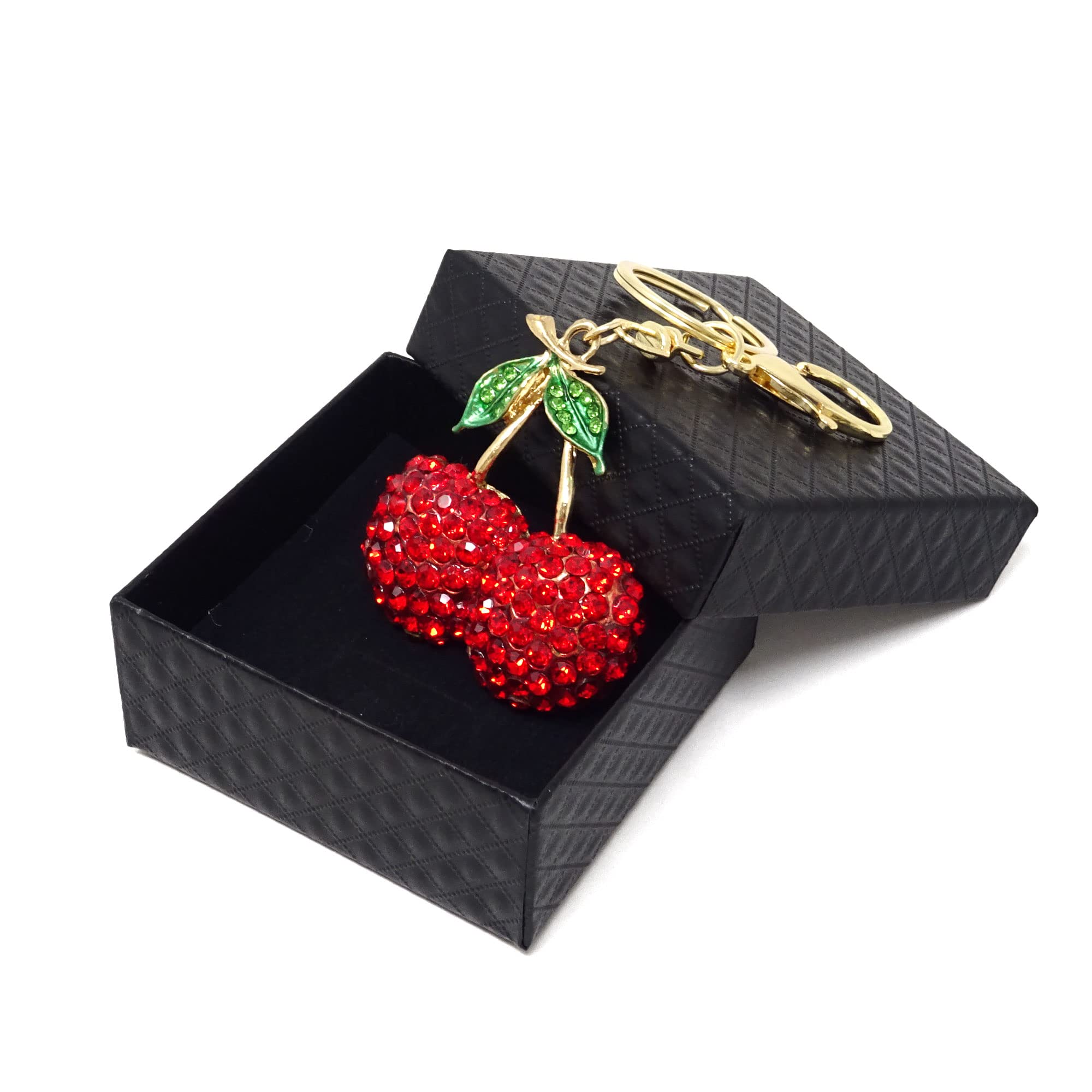 Honbay 1PCS Rhinestone Cherry Keychain Sparkling Fruit Cherry with Leaves Keyring in A Box for Bag Purse Wallet Cellphone or Car Pendant