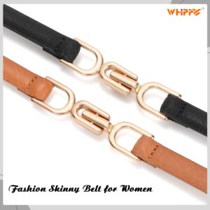 WHIPPY 2 Pack Women Skinny Leather Belt Adjustable Thin Waist Belt Fashion Buckle Belt for Dress，black+brown