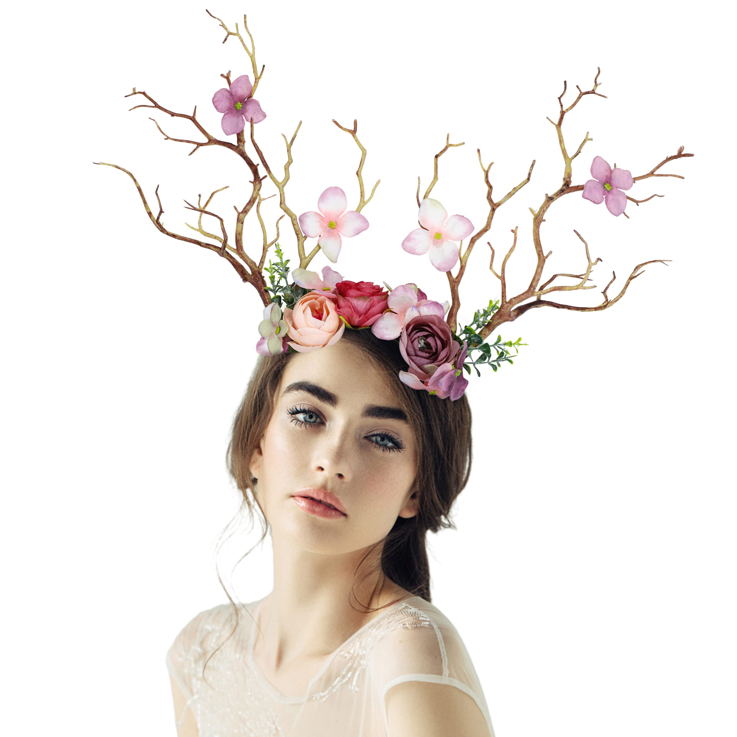 FRESHME Fairy Antlers Flower Crown - Handmade Elf Deer Reindeer Headbands Headpiece for Women Renaissance Cosplay Accessories