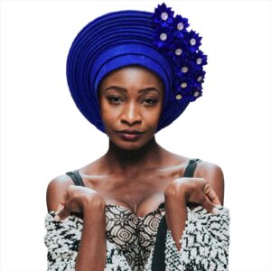 QliHut Fashion Nigerian Gele Headties With Stones Women Head Wrap Beaded Lace Already Made Auto African Headtie For Party (Royal Blue)