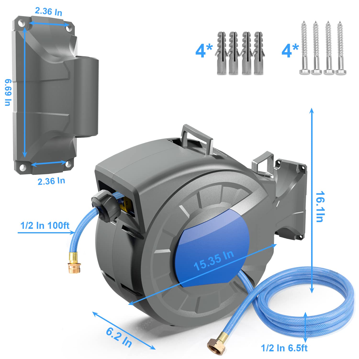 REDUCTUS Retractable Garden Hose Reel Wall Mount, 1/2" x 100 ft + 6.5 ft Retractable Hose Reel with 10 Pattern Nozzle, Automatic Slow Rewind System/Lock Any Length/180°Swivel Hose Reel for Outside