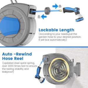 REDUCTUS Retractable Garden Hose Reel Wall Mount, 1/2" x 100 ft + 6.5 ft Retractable Hose Reel with 10 Pattern Nozzle, Automatic Slow Rewind System/Lock Any Length/180°Swivel Hose Reel for Outside