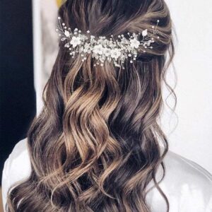 GORAIS Flower Bride Wedding Hair Vine Silver Rhinestone Bridal Headpiece Pearl Hair Piece Crystal Hair Accessories for Women and Girls