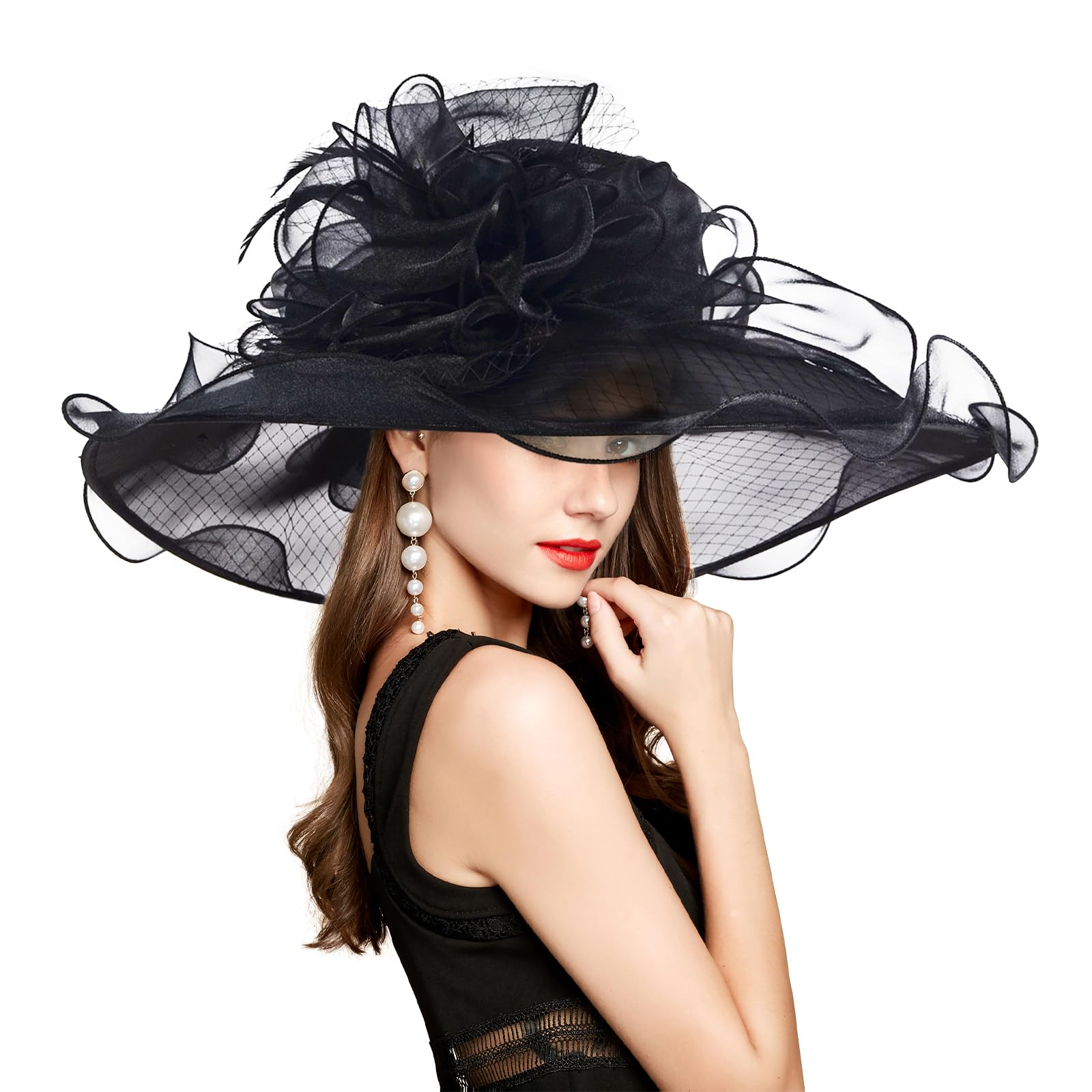 2024 Kentucky Derby Hats for Women Girls Ladies, Organza Church Tea Party Wedding Funeral Fascinator Hat UV Protection Sun Hat Black