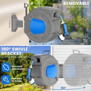 REDUCTUS Retractable Garden Hose Reel Wall Mount, 1/2" x 100 ft + 6.5 ft Retractable Hose Reel with 10 Pattern Nozzle, Automatic Slow Rewind System/Lock Any Length/180°Swivel Hose Reel for Outside