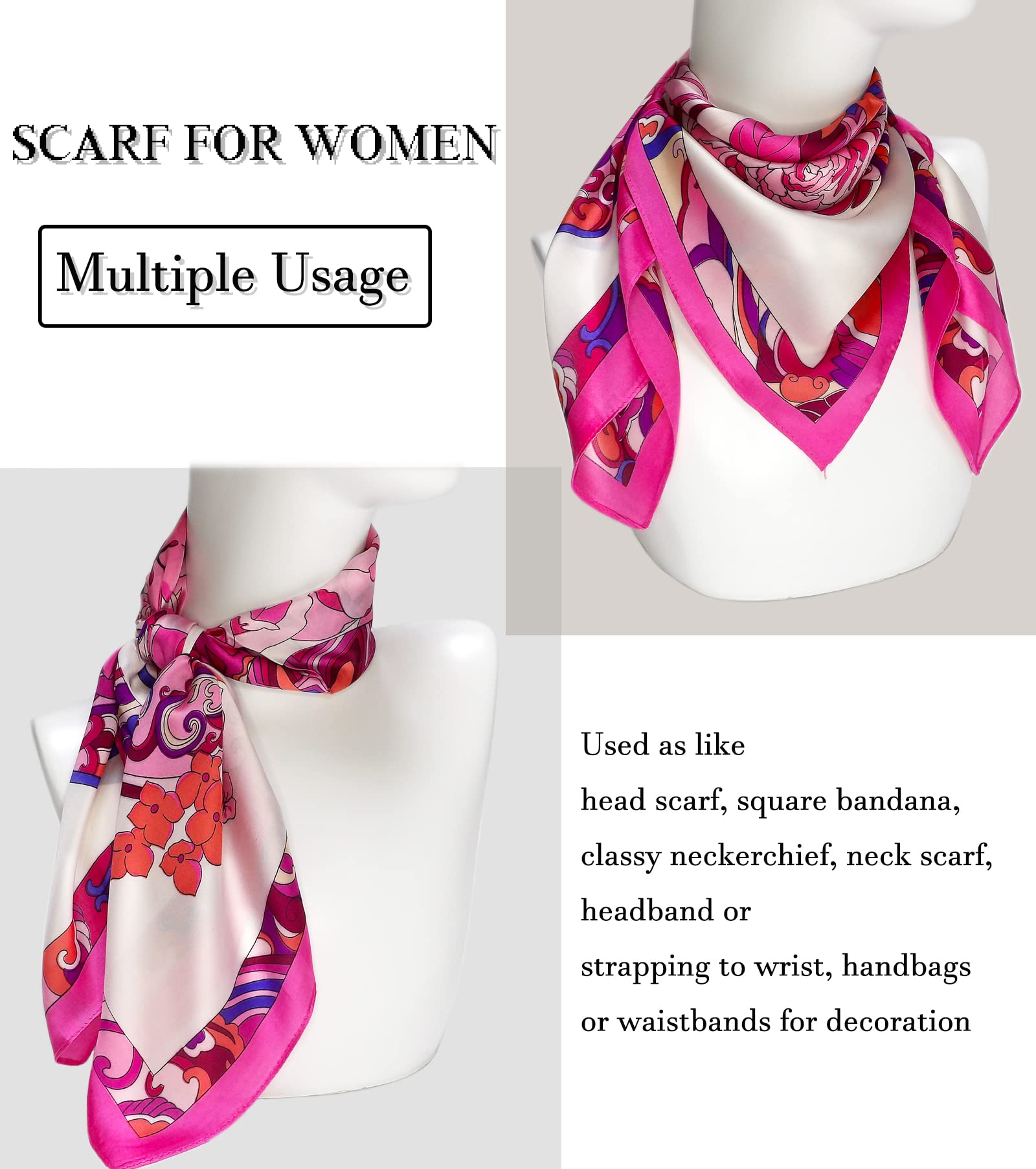 27.5'' Silk Feeling Scarf Medium Square Satin Head Neck Scarf for Women Hair Sleeping at Night，16-Pink