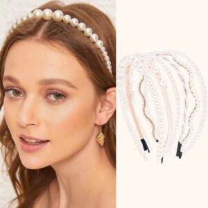 AMCAMI White Pearl Rhinestones Sparkly Beaded Hair Accessories: 6 PCS Headbands, Hair Hoops for Women, Girls - diademas para mujer de moda