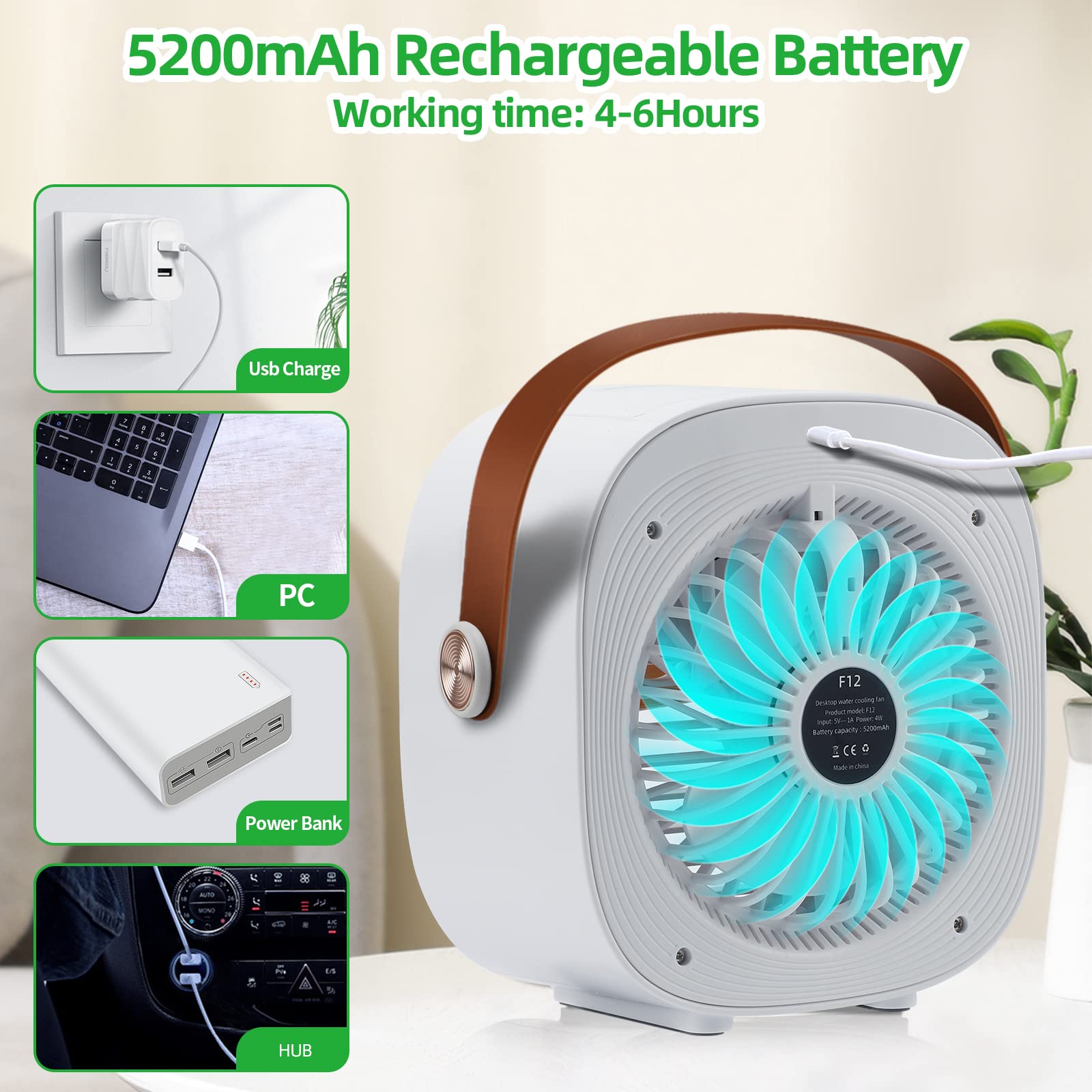 Portable Air Conditioner-5200mAh Rechargeable Personal Air Cooler with 3 Speeds Duration 5-10 hrs, Quiet Mini Air Conditioner Fan, Desk Cooling Fan for Home, Bedroom, Travel, and Office