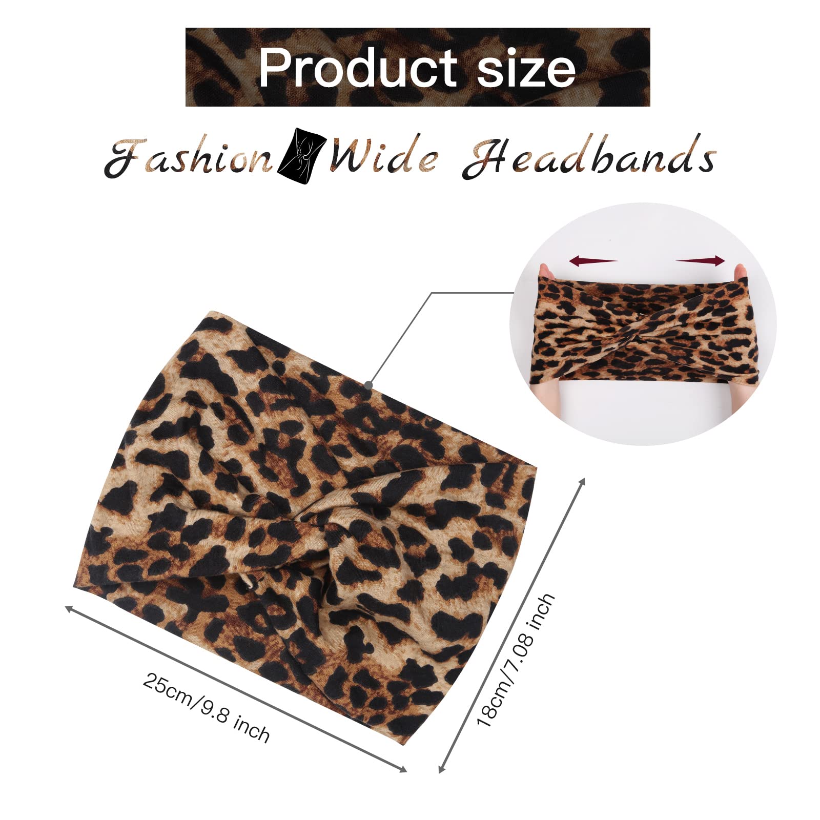 Headbands for Women' s Hair Wide Thick Stretchy Boho African Turban Knotted Leopard Head Bands 4Packs