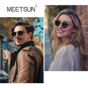 MEETSUN Small Round Polarized Sunglasses for Women Men Classic Retro Metal Frame Sun Glasses UV400 All Black