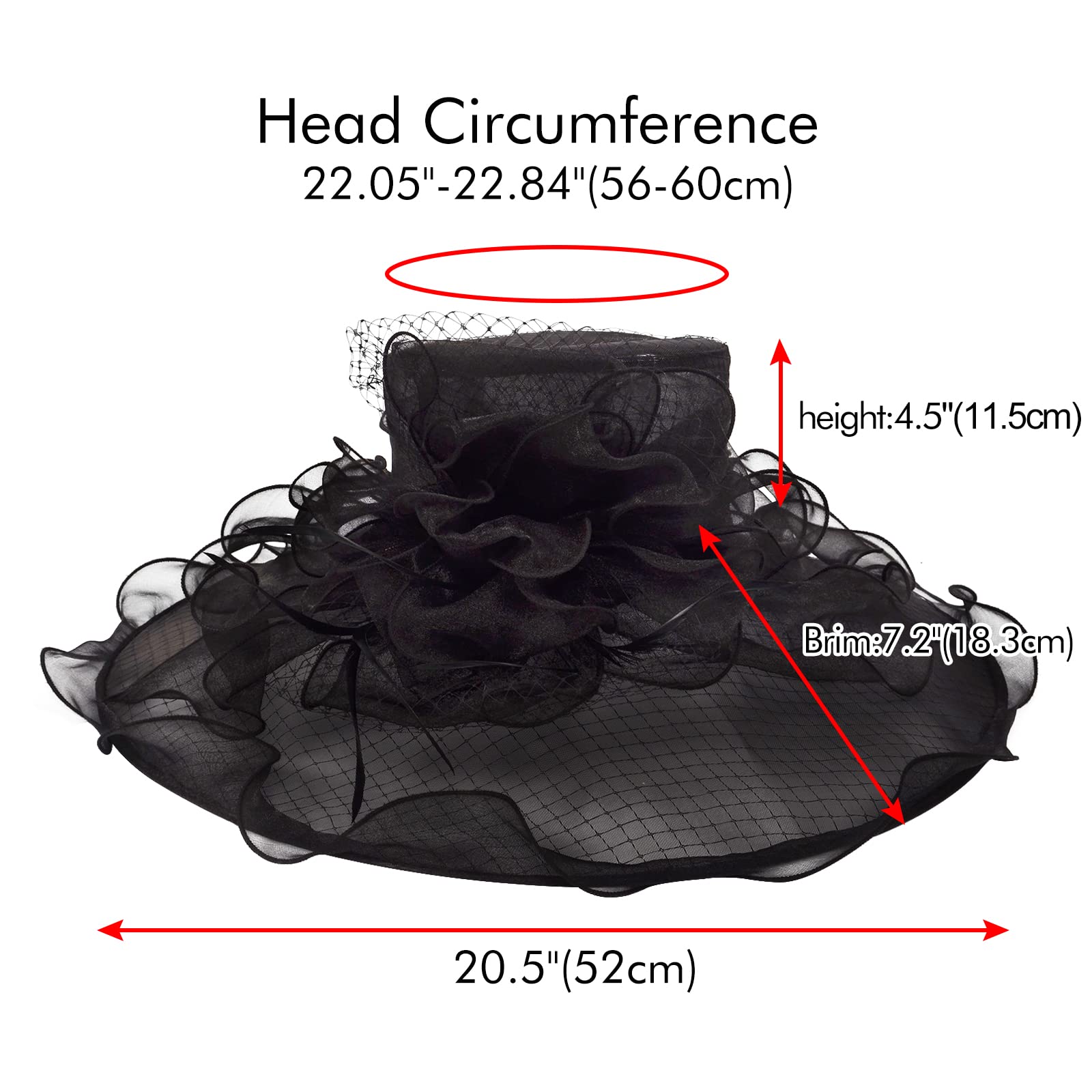 2024 Kentucky Derby Hats for Women Girls Ladies, Organza Church Tea Party Wedding Funeral Fascinator Hat UV Protection Sun Hat Black